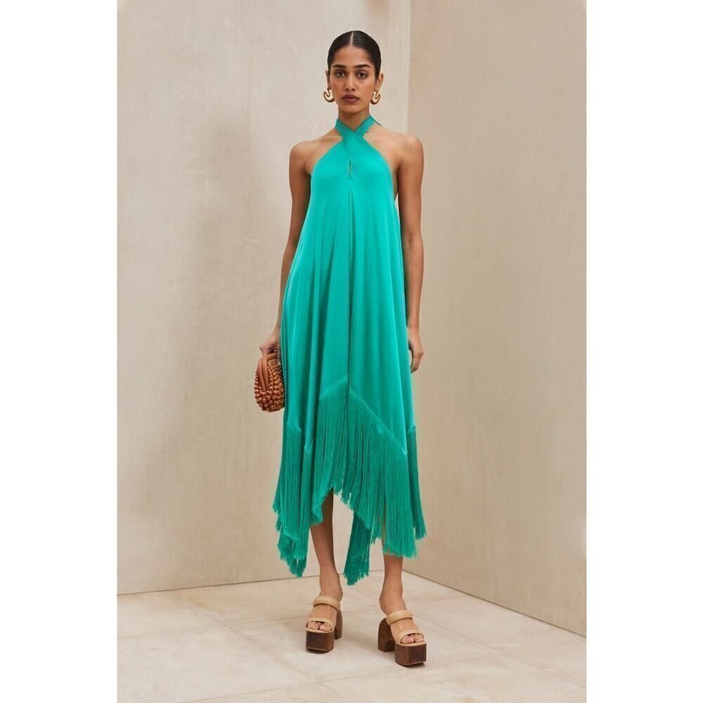 Cult Gaia Turquoise Halter Fringe Midi Dress